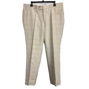 Men's BESPOKE Linen Blend Pants Light Natural Beige Trousers 38X30 Windowpane